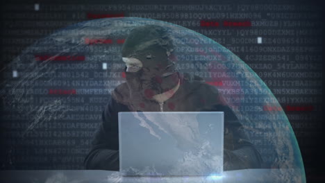 Animation of data processing over hacker with laptop
