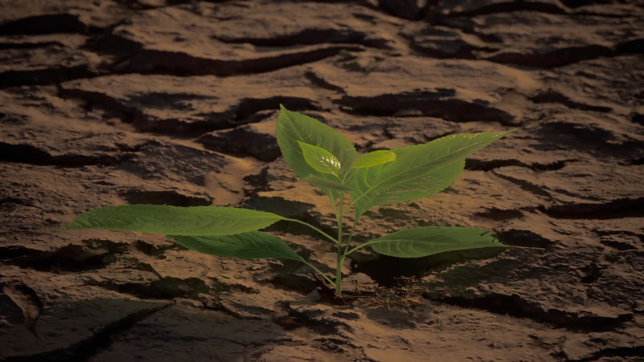 Close Up Of Small Green Plant Growing On Dry Ground Cracked And Dried-Up Land Soil Or Sand Surface. Drought, Lack Of Water, Climate Change, Heatwave, And Global Warming Disaster Concept