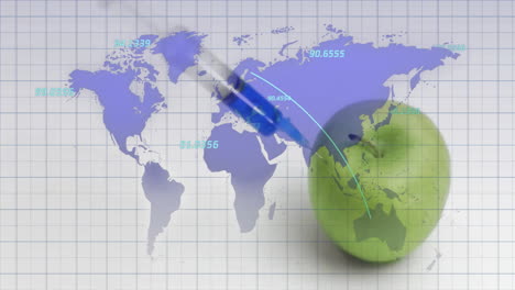 animation of world map and data processing over syringe with needle piercing apple