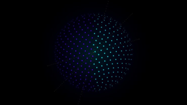 Abstract Rotating Sphere Made of Glowing Blue and Purple Dots