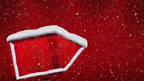 Animation-of-snow-falling-over-north-pole-sign-with-copy-on-red-background