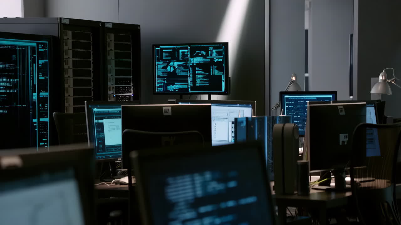 A server room or data center with multiple computer monitors displaying code and data, featuring a partially visible person