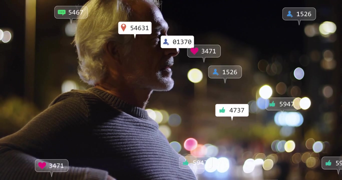 Man resting on bench under lamps causing tech notification bubbles with rising stats walking away