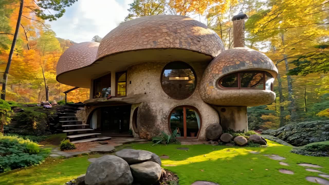 una casa de hongos en el medio de un bosque verde exuberante