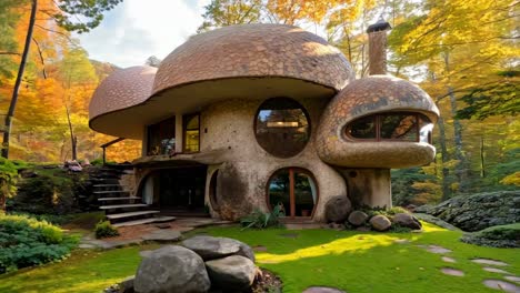 a mushroom house in the middle of a lush green forest