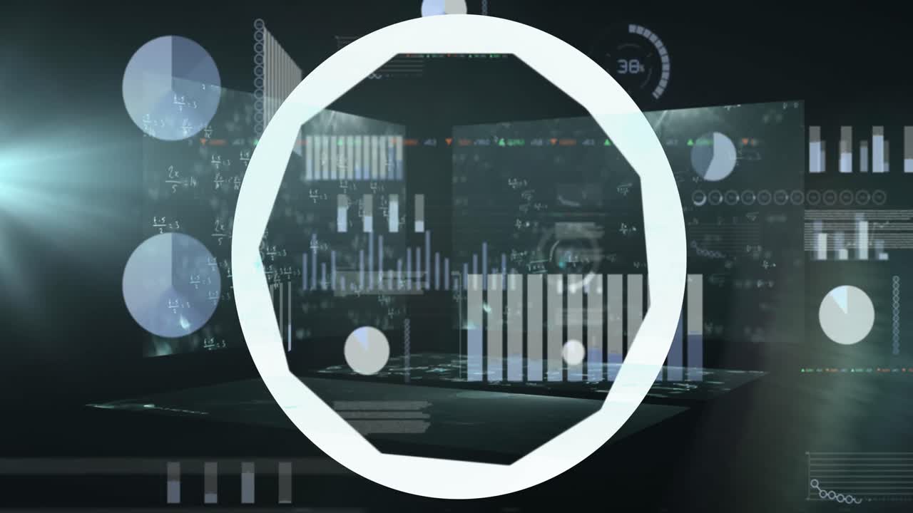 Animation of camera shutter icons over multiple screens with data processing against grey background