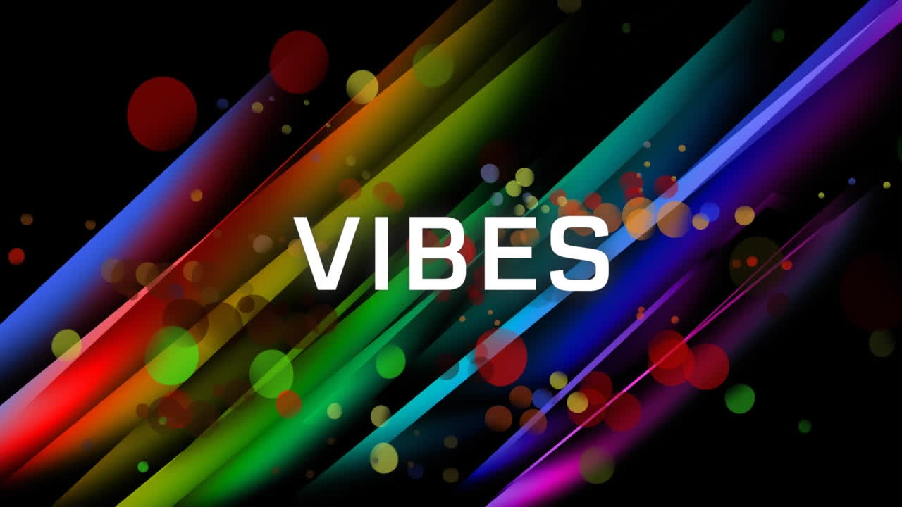 animación de vibraciones banner de texto sobre manchas de colores y senderos de luz contra fondo negro