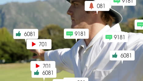 animación de iconos y procesamiento de datos sobre un árbitro de cricket caucásico
