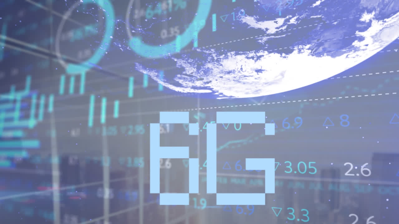 6g 텍스트 배너, 글로브 및 도시 풍경에 대한 통계 및 증권 시장 데이터 처리 애니메이션