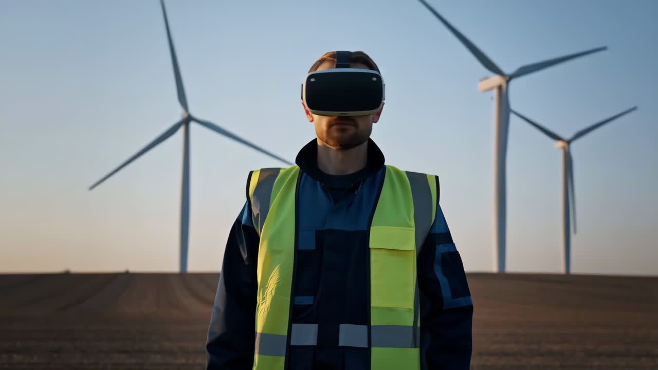 Engineer with VR Headset at a Wind Farm