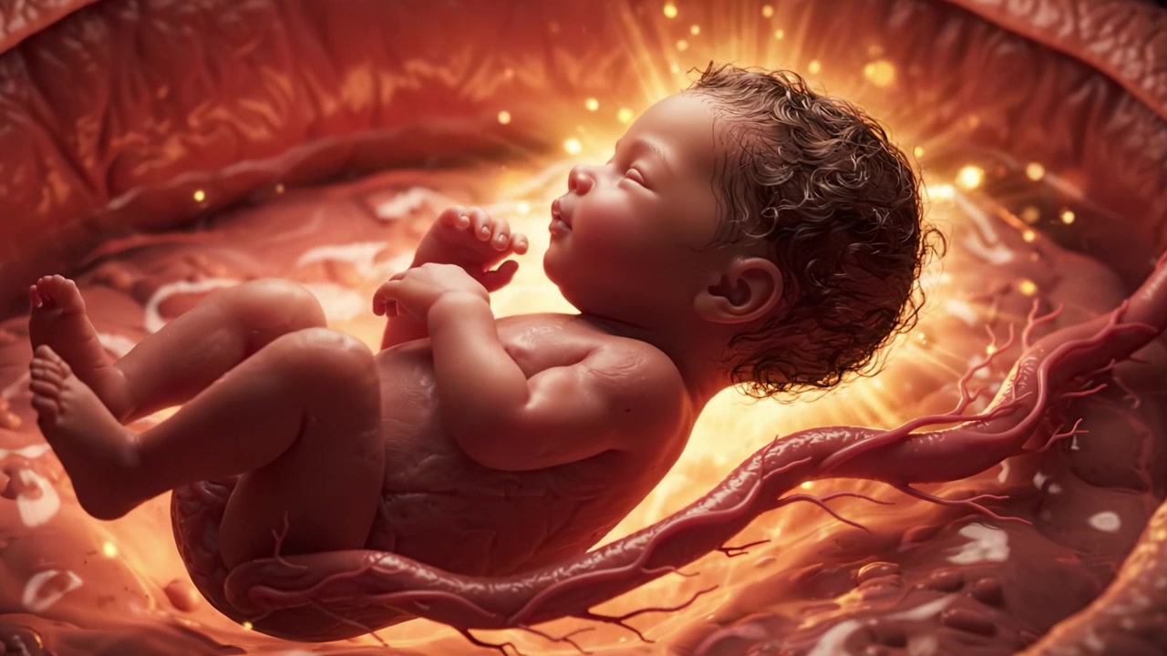 Un sereno nuovo inizio: uno sguardo all'utero dove la vita si sviluppa, che mostra la bellissima fase della crescita fetale e la connessione con la maternità.