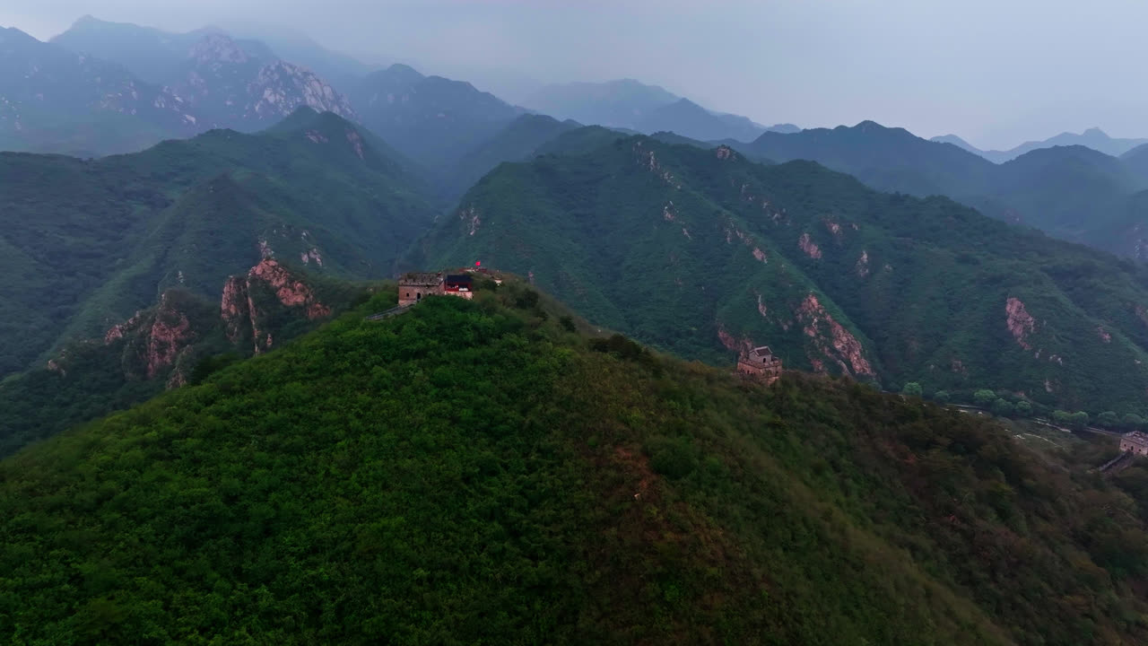 Aerial view of watchtowers on top of mountains at the Great Wall, summer in China