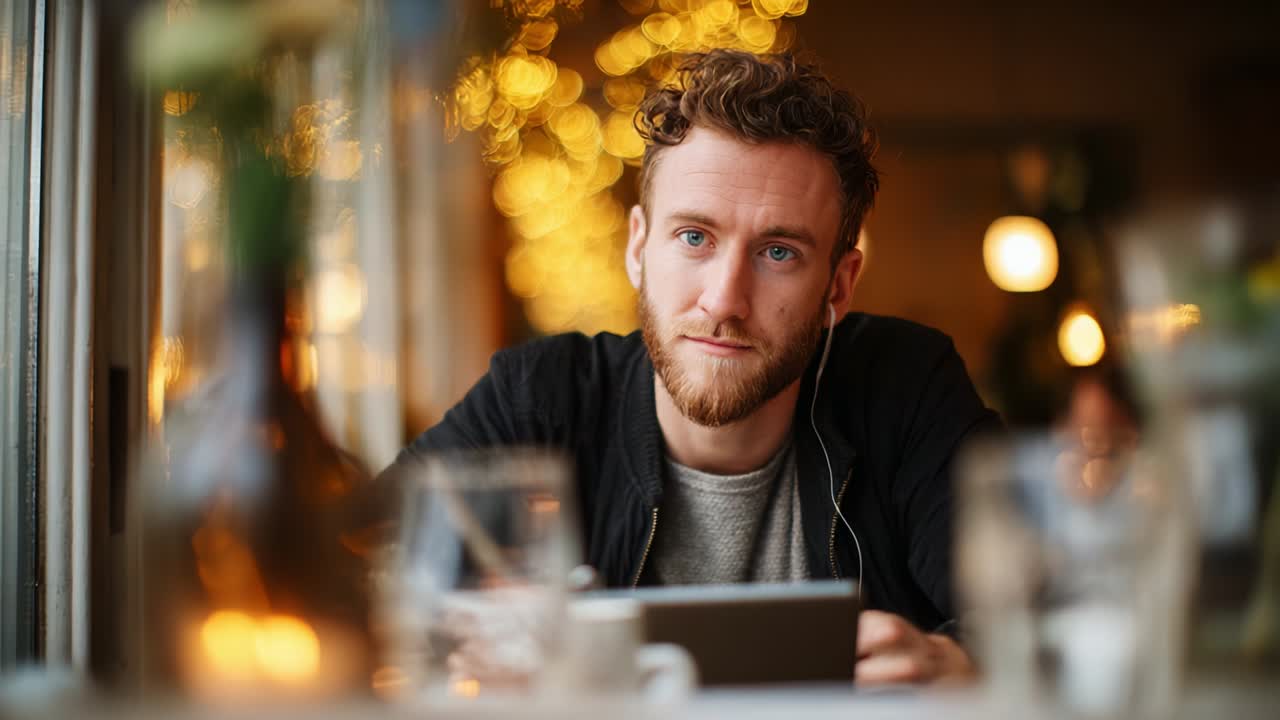 A Cozy Café Moment: Capturing the Transformation of a Young Man from Pensive to Joyful as He Engages with Technology in a Warmly Lit Setting Surrounded by Glimmering Lights and Soft Reflections