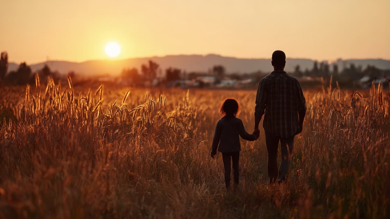 A Heartwarming Sunset Stroll: Father and Child Walking Hand in Hand Through a Golden Field, Embracing Nature's Beauty and Creating Cherished Memories