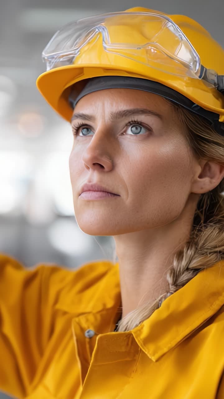 Un'ingegnera concentrata con casco e attrezzatura di sicurezza giallo brillante, che valuta attentamente l'ambiente circostante con determinazione e professionalità in un ambiente di lavoro