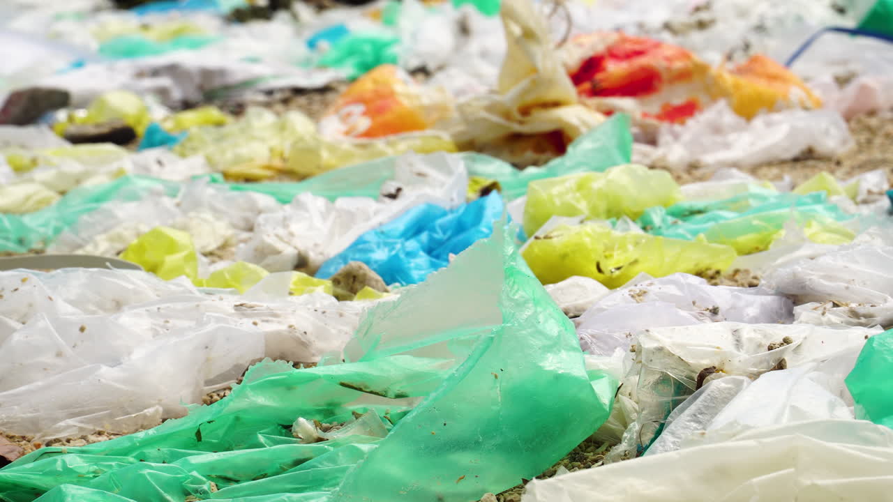 가까이, 다채로운 비닐 봉투 쓰레기 오염