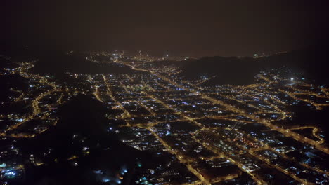 aerial cityscape at midnight on new years eve above peru's capital city lima, showing city lights and fireworks