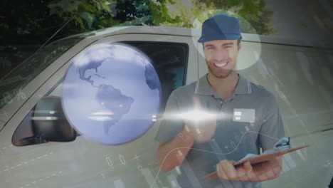 Animation-of-globe-of-connections-over-delivery-man-with-clipboard