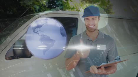 animación del globo de conexiones sobre el hombre de entrega con el portapapeles