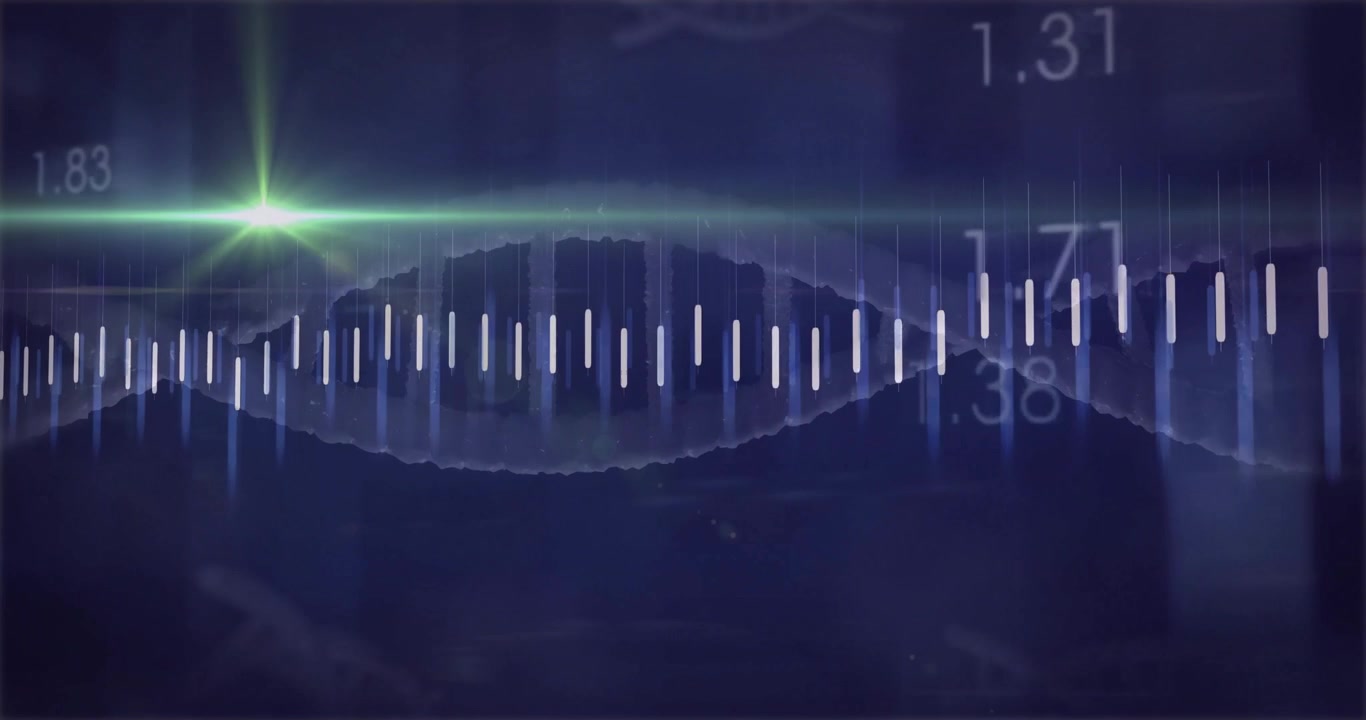 Green flare flashing on DNA helix causing bars spiking orange graph oscillating and showing data