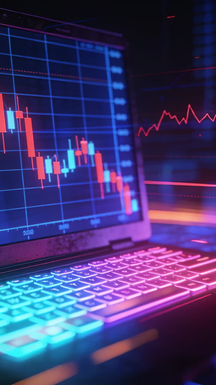 Laptop displaying candle chart moving down on live data for trading, red wave and keys glowing