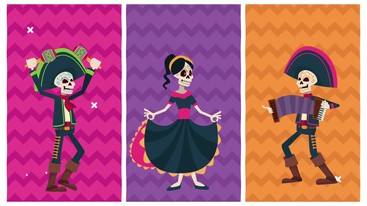 celebración del dia de los muertos con cráneos de grupo mariachis