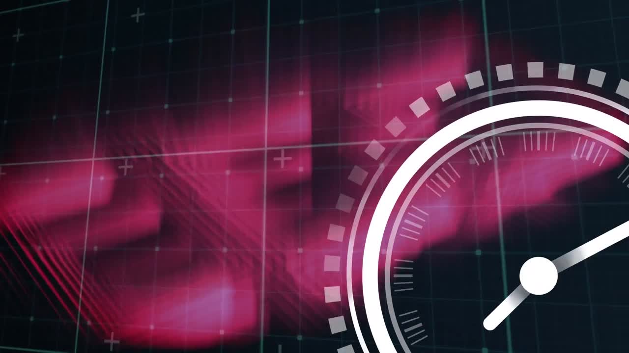 검은색 배경에 분홍색 빛 트레일에 대항하여 그리드 네트워크를 통해 틱하는 시계 아이콘의 애니메이션