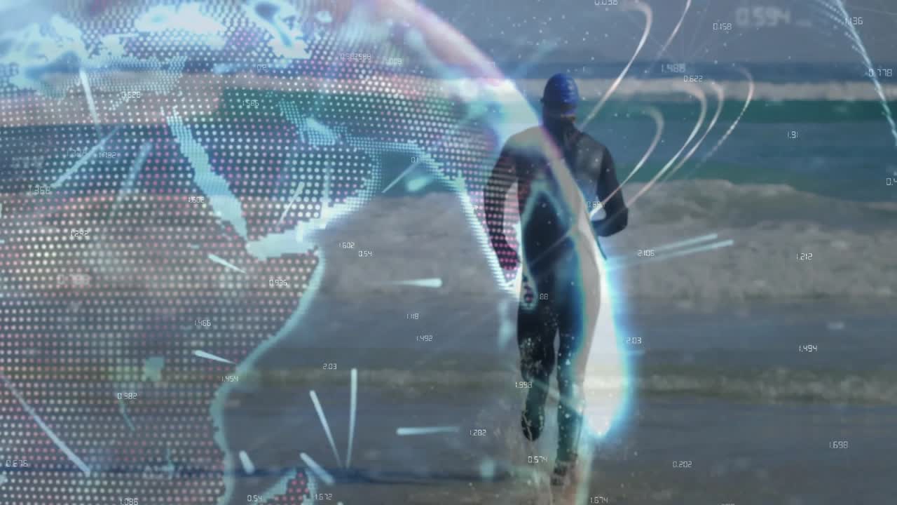 male athlete emerging from waves and powering shore run in sports analytics with translucent globe