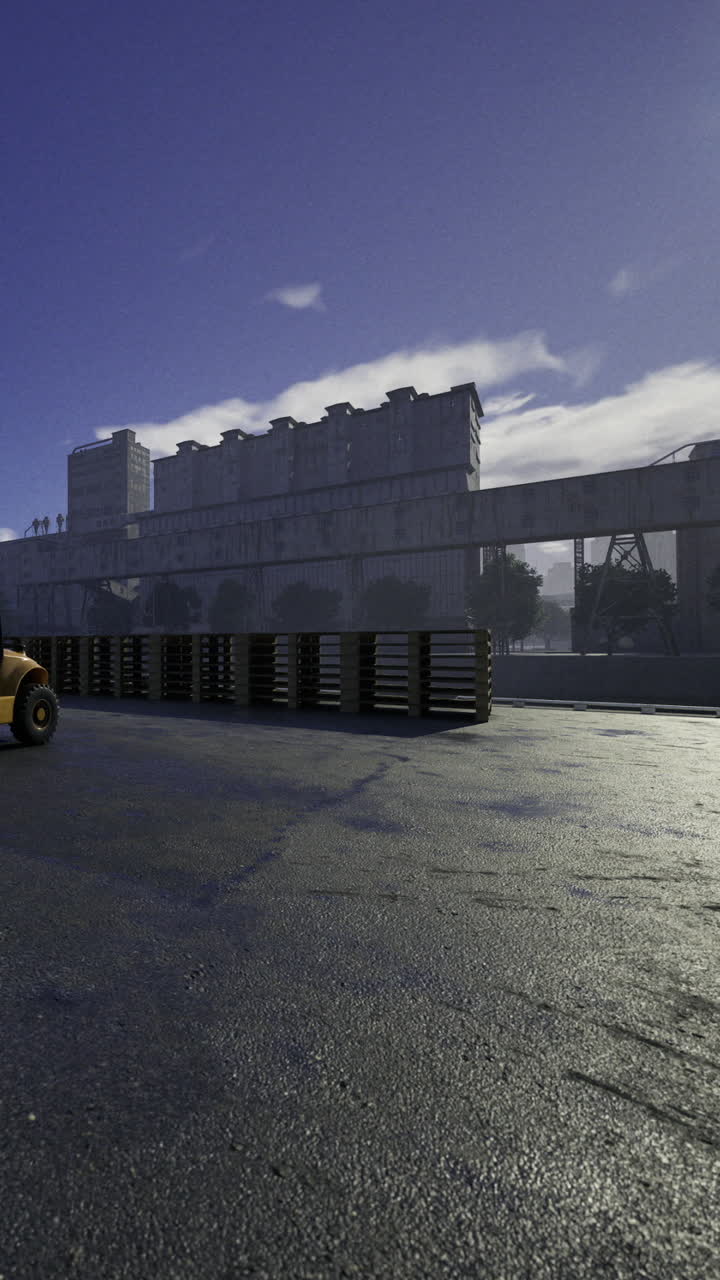 Construction site in daylight with heavy machinery and pallets present