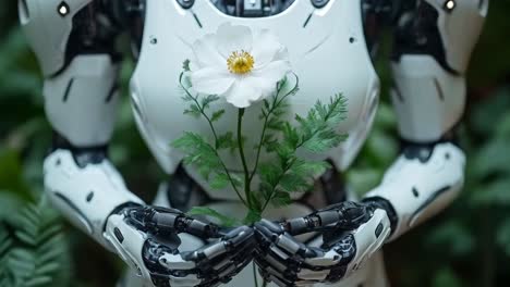 a robot holding a white flower
