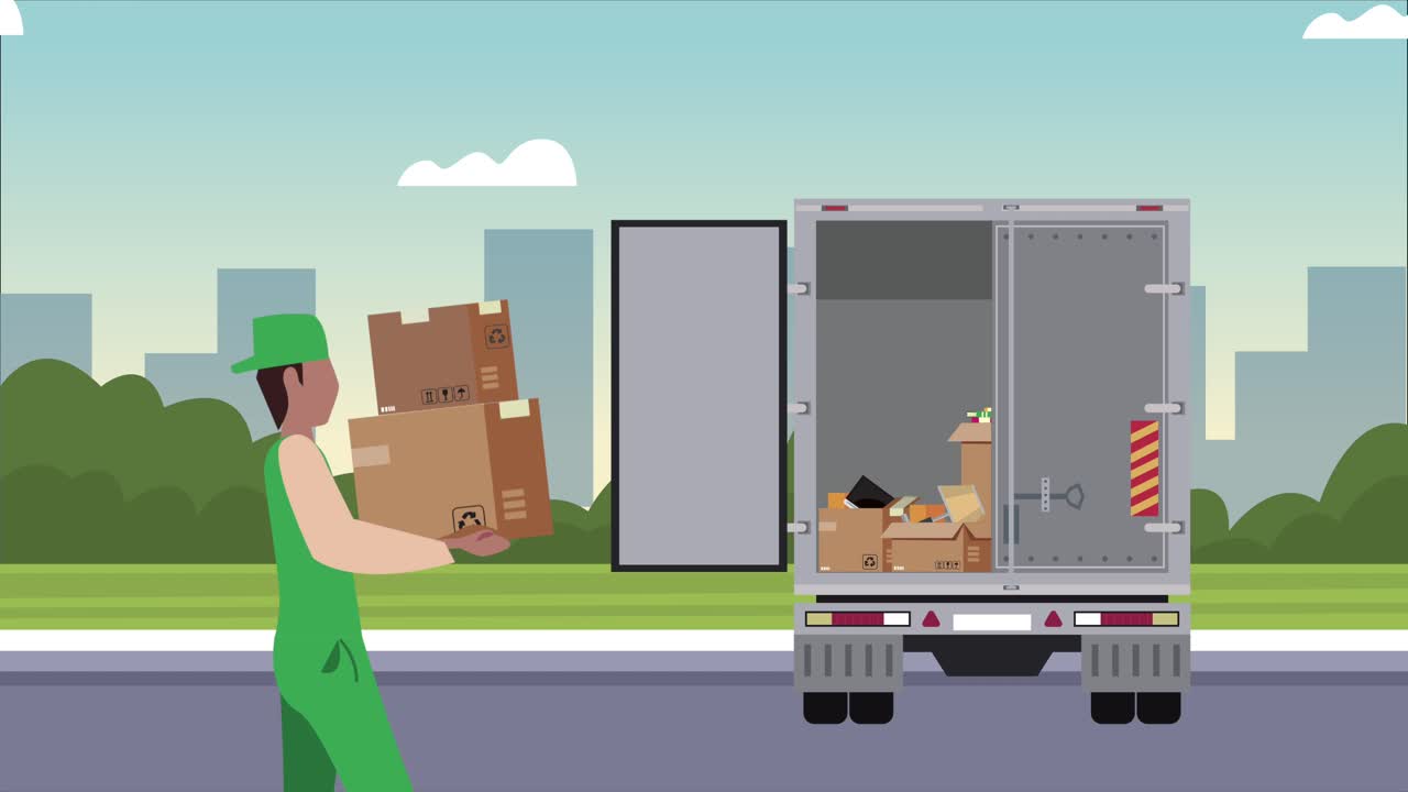 트럭에서 상자를 들어 올리는 노동자와 함께 물류 서비스 애니메이션