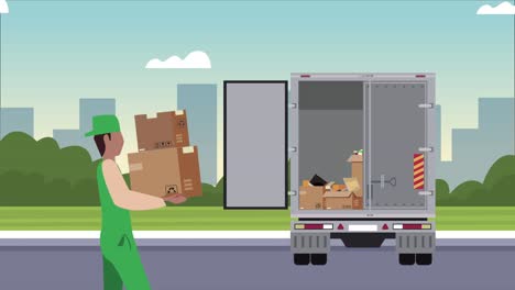 logistic service animation with worker lifting boxes in truck