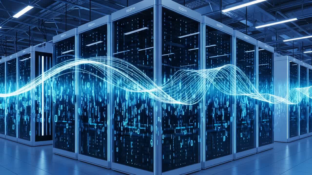A High-Tech Data Center Showcasing Advanced Server Racks and Vibrant Digital Streams, Illustrating the Flow of Information in Modern Computing Environments