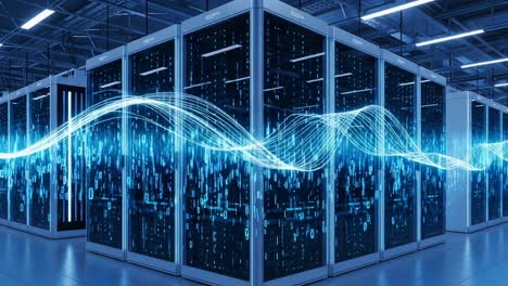 a high-tech data center showcasing advanced server racks and vibrant digital streams, illustrating the flow of information in modern computing environments