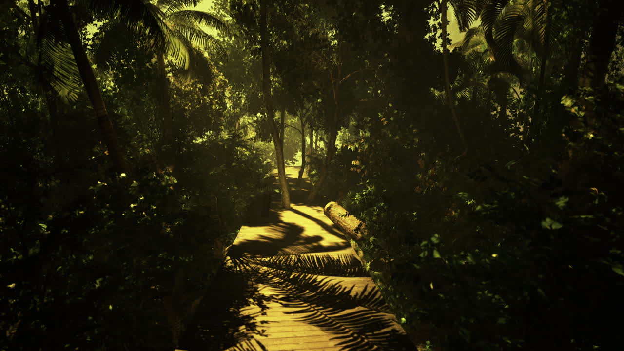 Path through a tropical forest with dappled sunlight during midday