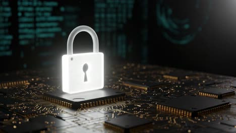 a glowing digital lock emphasizing cybersecurity on a circuit board, representing protection and encryption in the technological era