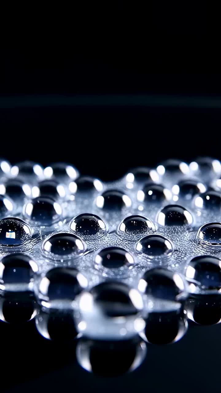 Video verticale: goccia trasparente che cade colpendo delle perle su una superficie scura in studio, creando delle increspature