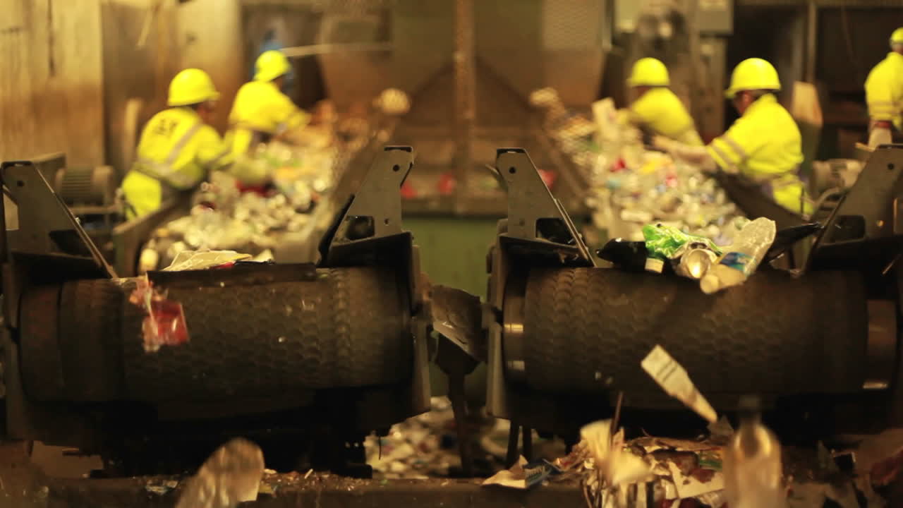 컨베이어 벨트에서 쓰레기를 분류하는 재활용 센터 직원의 훌륭한 샷 2