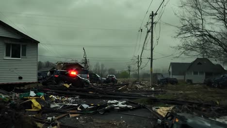 tornado damage aftermath: houses, cars, and debris scattered across a street