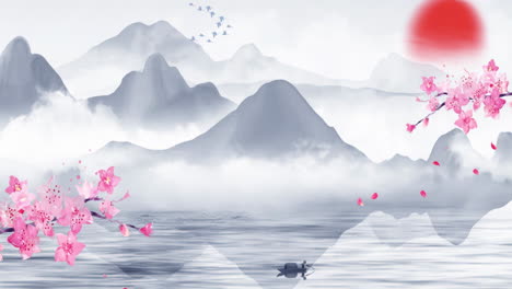 Peaceful-nature-Chinese-style-ink-landscape-plum-blossom-petals-animation-title-material-of-beautiful-calm-trees,-mountains,-flowers,-lake,-water,-birds,-blue-sky,-boat,-wooden-boat