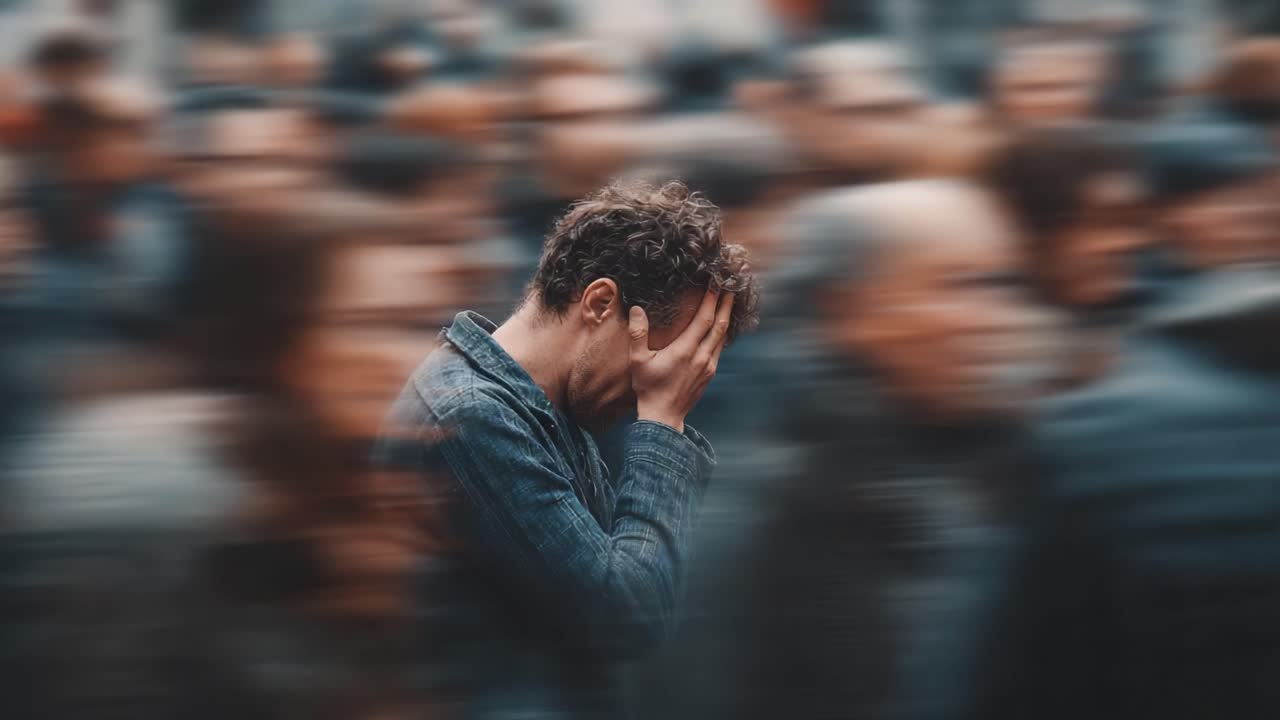A Moment of Reflection Amidst a Crowd: Capturing the Emotional Journey of an Individual Lost in Thought, Surrounded by the Hustle and Bustle of Life