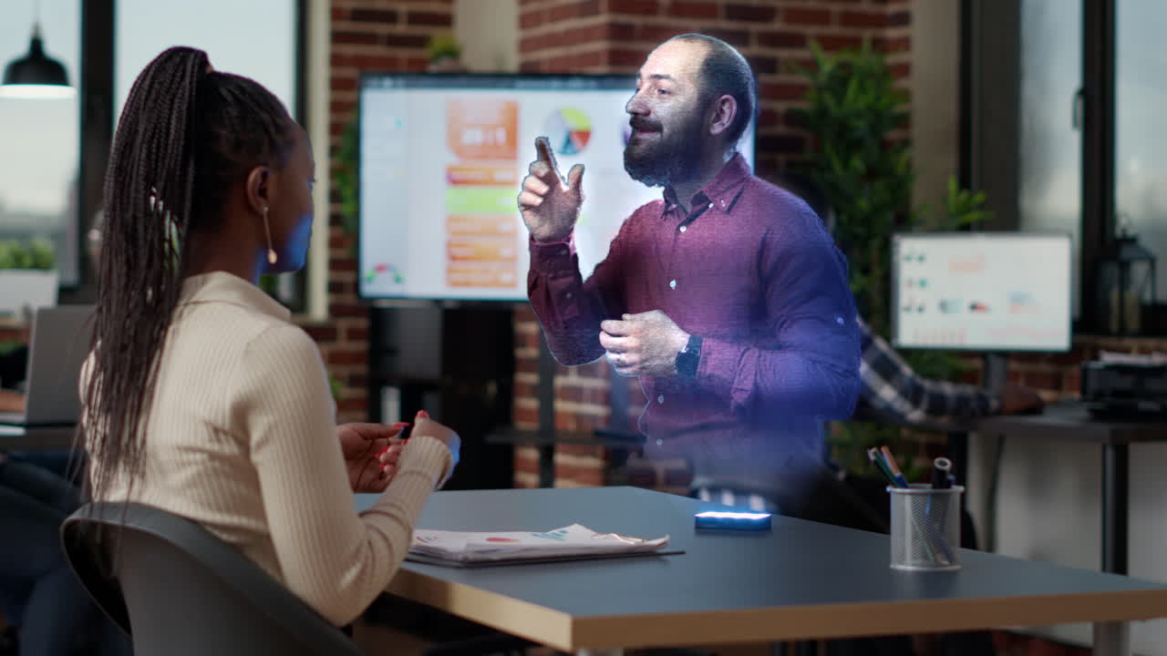 Diverse team of business people using remote metaverse hologram