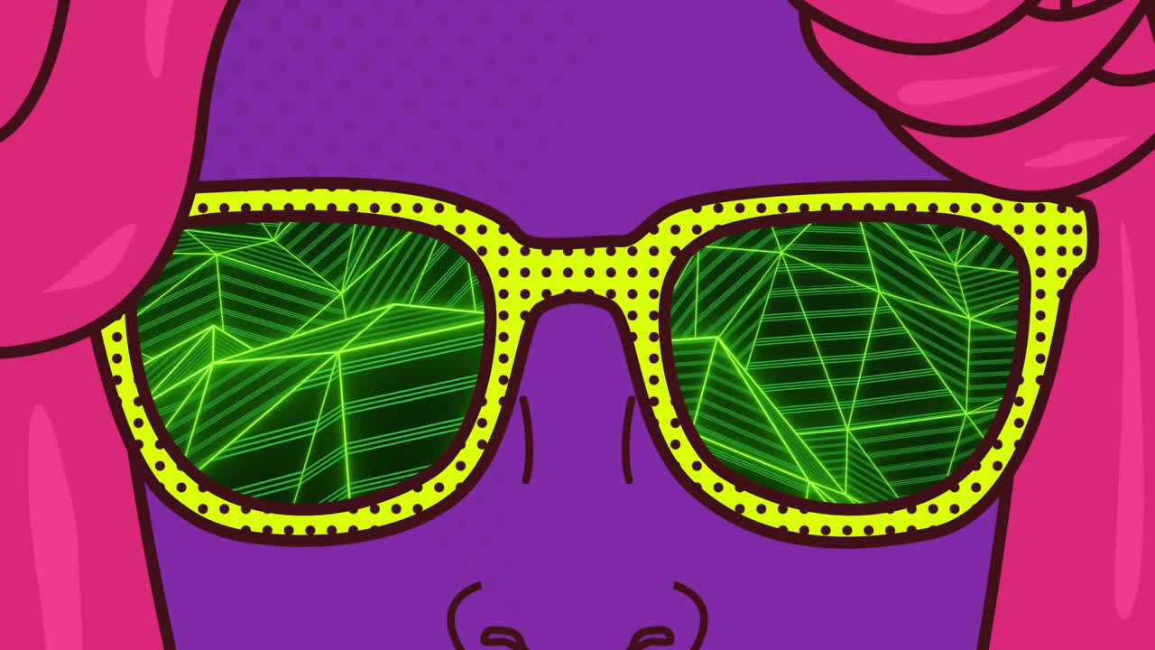 Geometric patterns animation reflected in yellow sunglasses over purple background