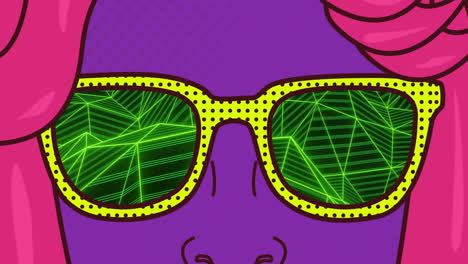 geometric patterns animation reflected in yellow sunglasses over purple background