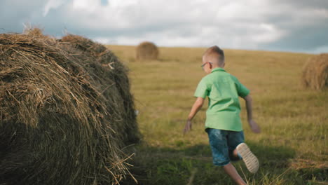 playful moment of girl pulling dog on leash while cousin runs around hay bale, dog ears wag as it moves, enjoying outdoor freedom in bright countryside under vast sky filled with scattered clouds