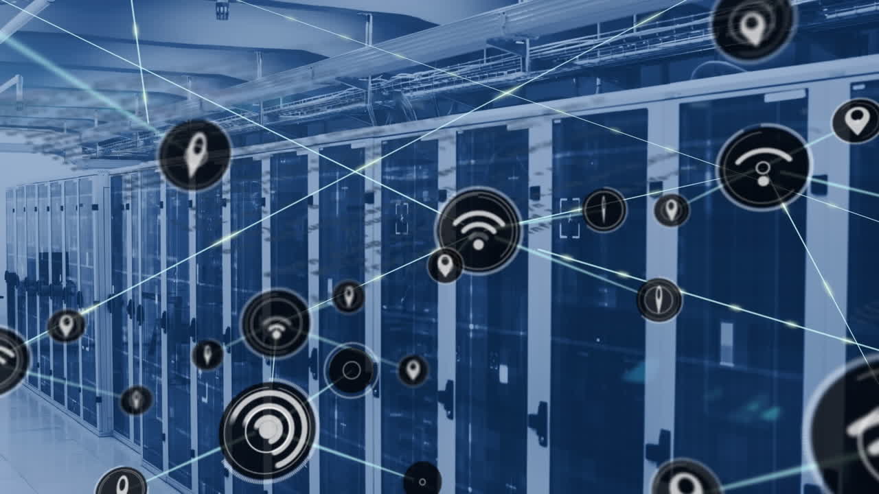 Animation of network of digital icons and data processing against computer server room
