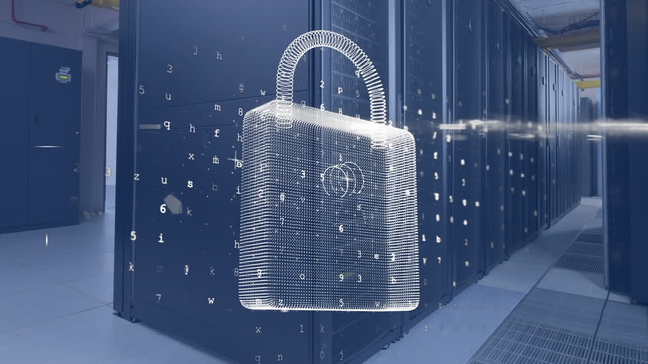 Animation of data processing and padlock over server room