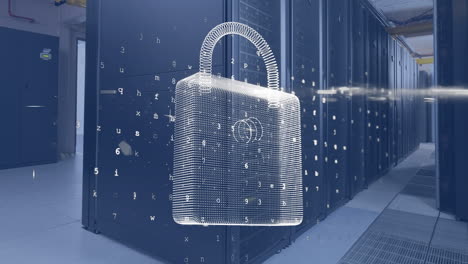 animation of data processing and padlock over server room