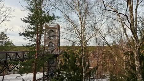 view of anyksciai laju takas, treetop walking path complex with a walkway, an information center and observation tower, located in anyksciai, lithuania near sventoji river