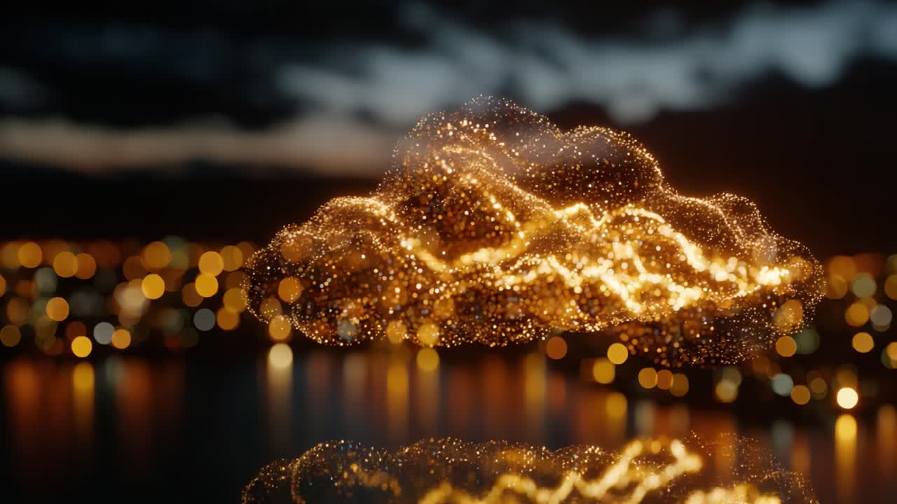 Una nuvola luminosa di luce e particelle sovrasta una città di notte, creando una splendida illuminazione con una superficie leggermente riflettente e un'atmosfera da sogno
